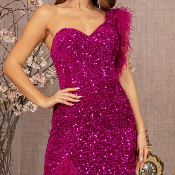 NEW SHEATH LONG SLEEVELESS ONE SHOULDER DRESS WITH FEATHERS AND SEQUINS GL3154